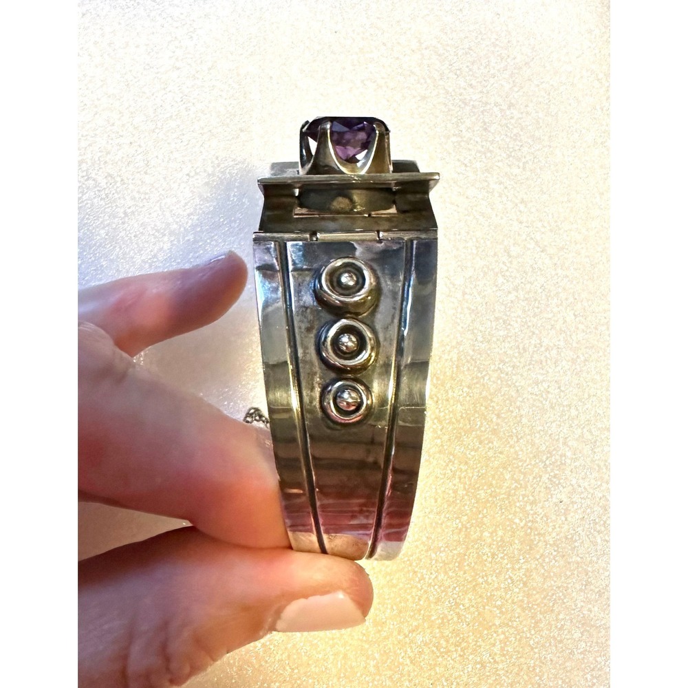 Vintage Mexico Sterling Silver & Amethyst Modernist Cuff Hinged Bracelet - Picture 5 of 9